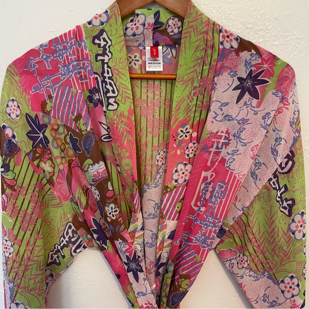 Josie Natori Silky Kimono Robe Medium Colorful Asian Print